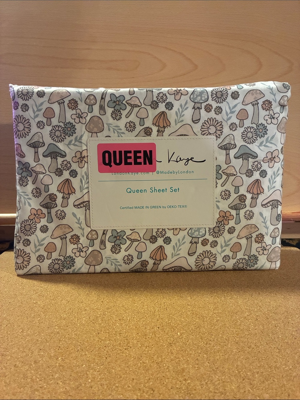 London Kaye Queen Sheet Set - Floral Mushroom Print in Pastel Colors